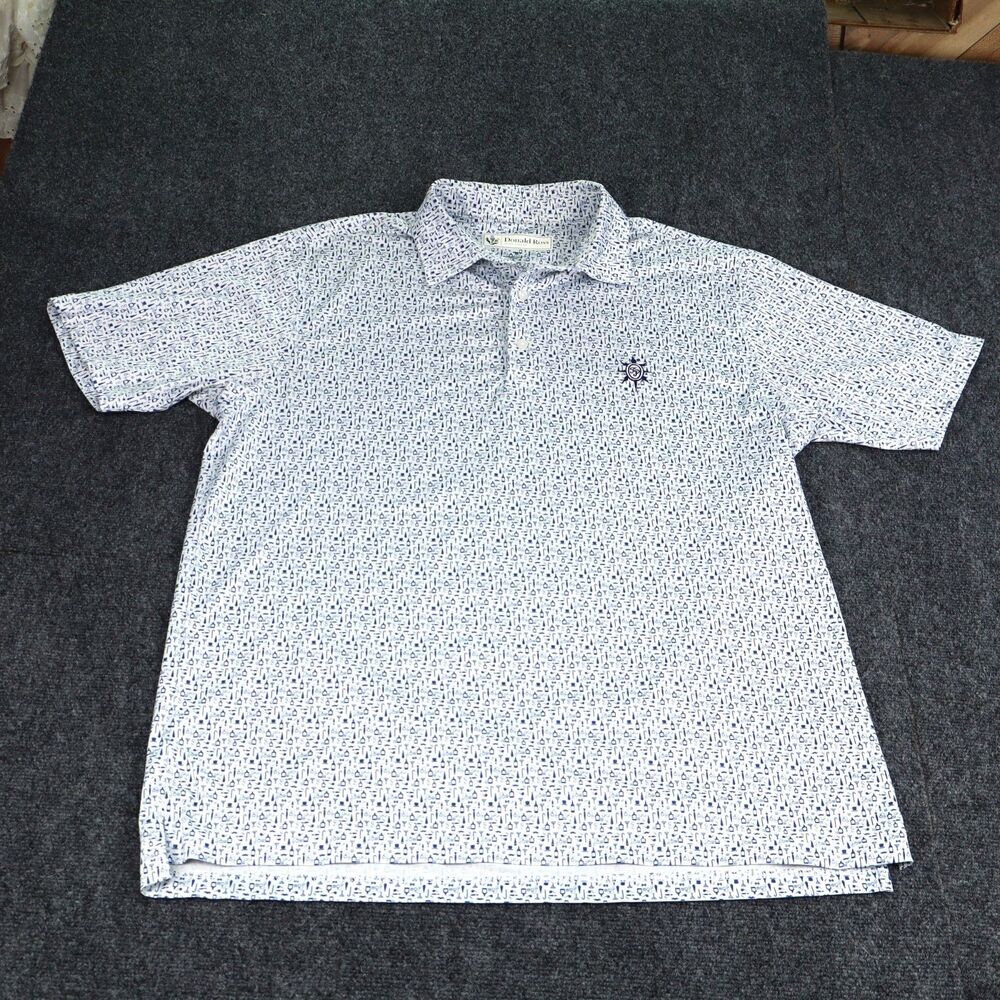 Donald Ross Shirt Men XL White Blue Cocktail Motif All Over Print Polo Golf logo
